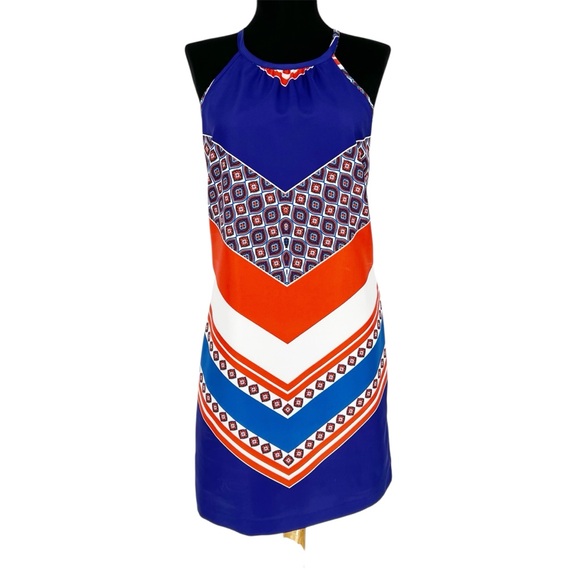 Banana Republic Dresses & Skirts - Banana Republic Orange White‎ and Blue Halter Shift Dress Warm Combo SZ 2